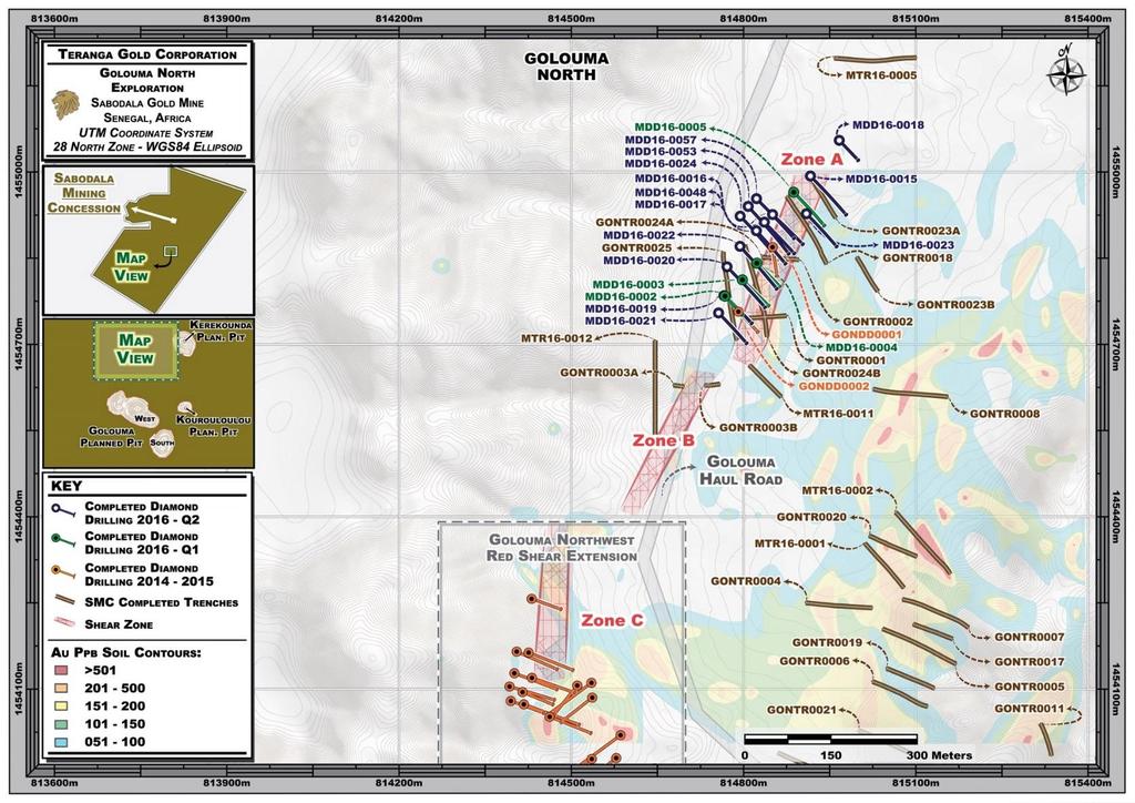 gold is associated with a NNE shear that is up to 20 metres wide, extends at least 250 metres along strike and is open to the north while two other gold bearing shears trending ENE and NW cross into