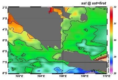 Fig. 2. Spatial distribution of Sea Surface Temperature 2015 in the Sunda Strait (a) March, (b) April, (c) May.