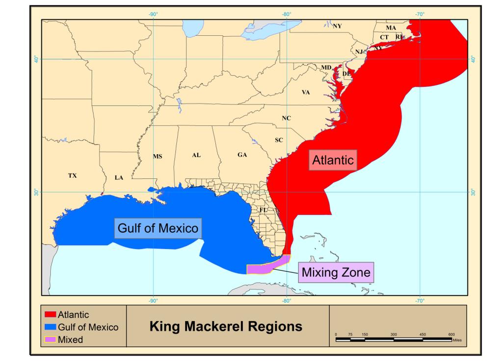 Figure 2. King mackerel seasonal boundaries November 1- March 31, with the Northern and Southern Zones in the Atlantic Group.