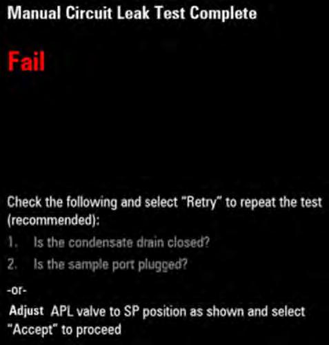 FIGURE 3-15 Manual Circuit Leak Test: Fail The following screen is displayed if the manual circuit leak