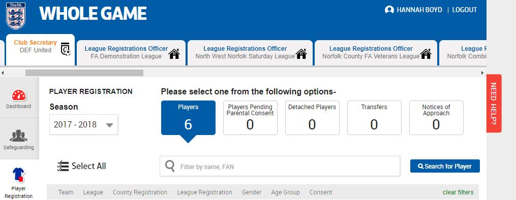 4. Searching for Players that are already attached to your Club A. Once you ve selected the Player Registrations tab you ll come to a screen which will list your current Club players.