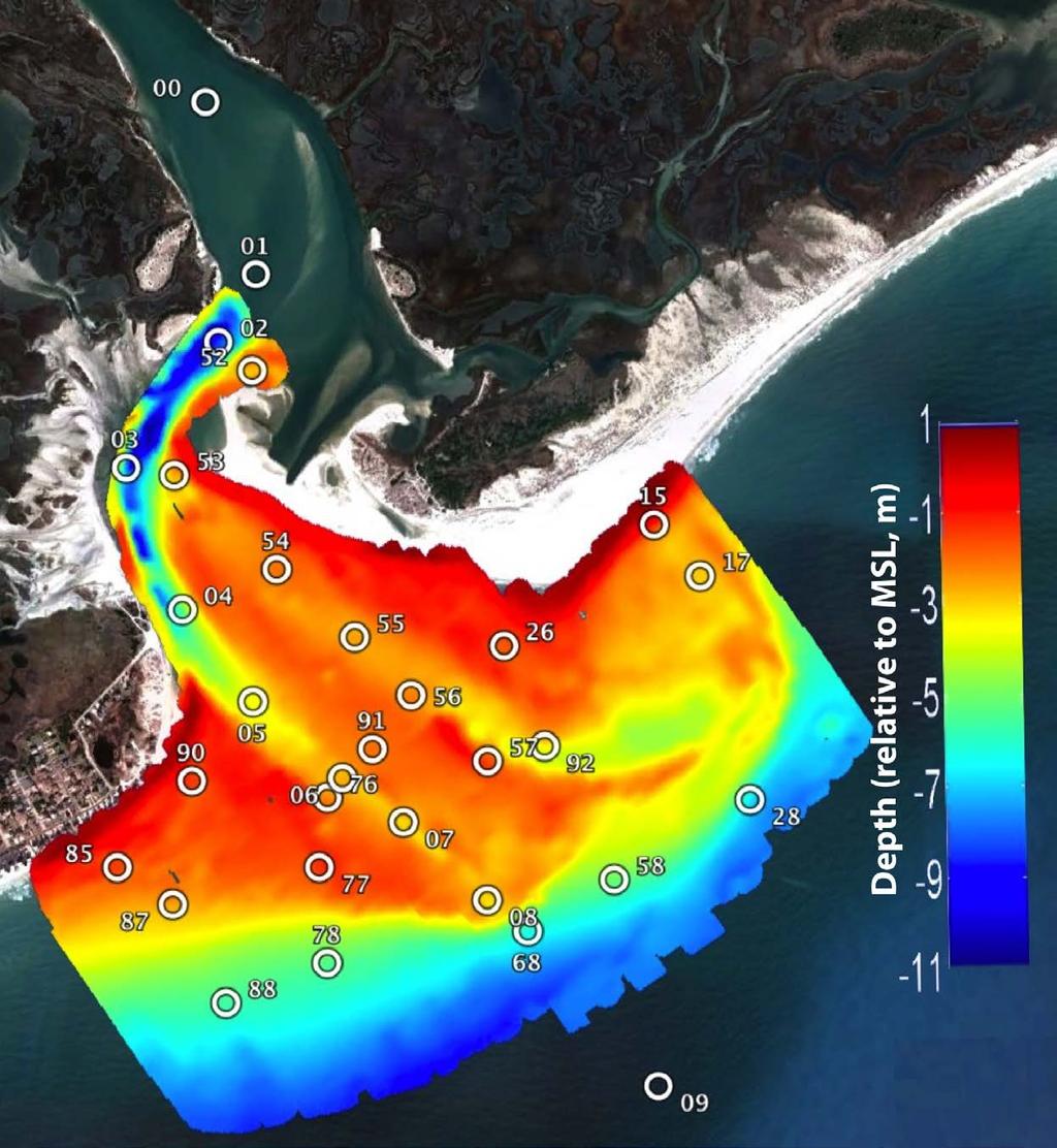 Figure 1. Array of in situ wave and current sensors (white circles) deployed at New River Inlet, spring 2012. The color contours are water depth (Provided by J. McNinch).