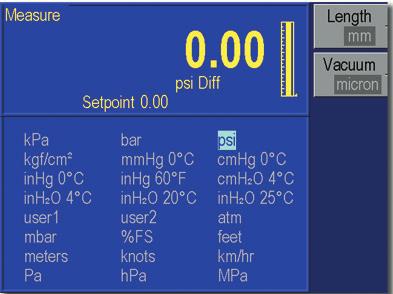 Pressure units/scales _ select from over twelve standard units of measure, including inhg at 0 C and 60 F, kpa, bar, psi, inh 2 O at 4 C, 20 C and 60 F, kg/cm 2, mmhg at 0 C, cmhg at 0 C, and cmh 2 O