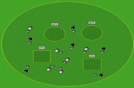 If the coach holds up a blue pinnie/cone the players have to dribble to one of the blue circles. Once they enter the circle they can stop and free.
