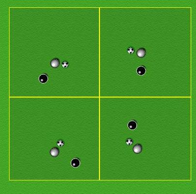 If your ball is kicked out, on return juggle for 2-5 times then rejoin. Awareness. 12 min SESSION 3 1 v 1 Keep ball 20 x 20 yards (10 yd grids).