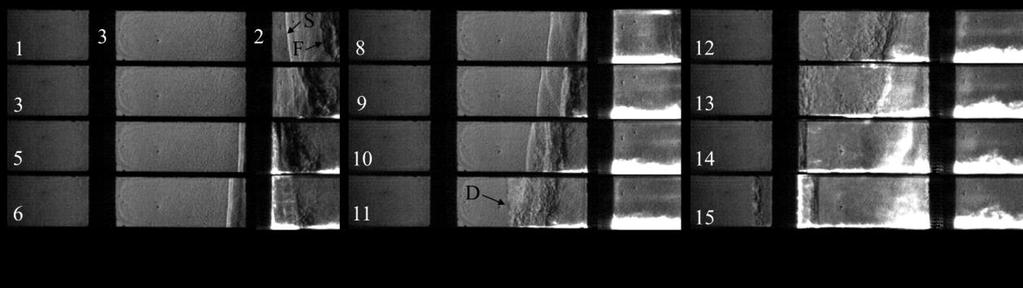 Figure 6. Test with stoichiometric hydrogen-oxygen at 15 kpa (test 1095). a) Soot foil, b) schlieren video taken at 232,500 fps with soot foil on the bottom channel wall.