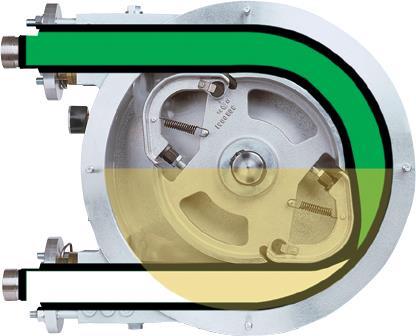 Operating Principle of ELRO peristaltic pumps C Step 1 from 4: The rotor rotates within the pump housing filled with lubricant and compresses the pumping hose with the