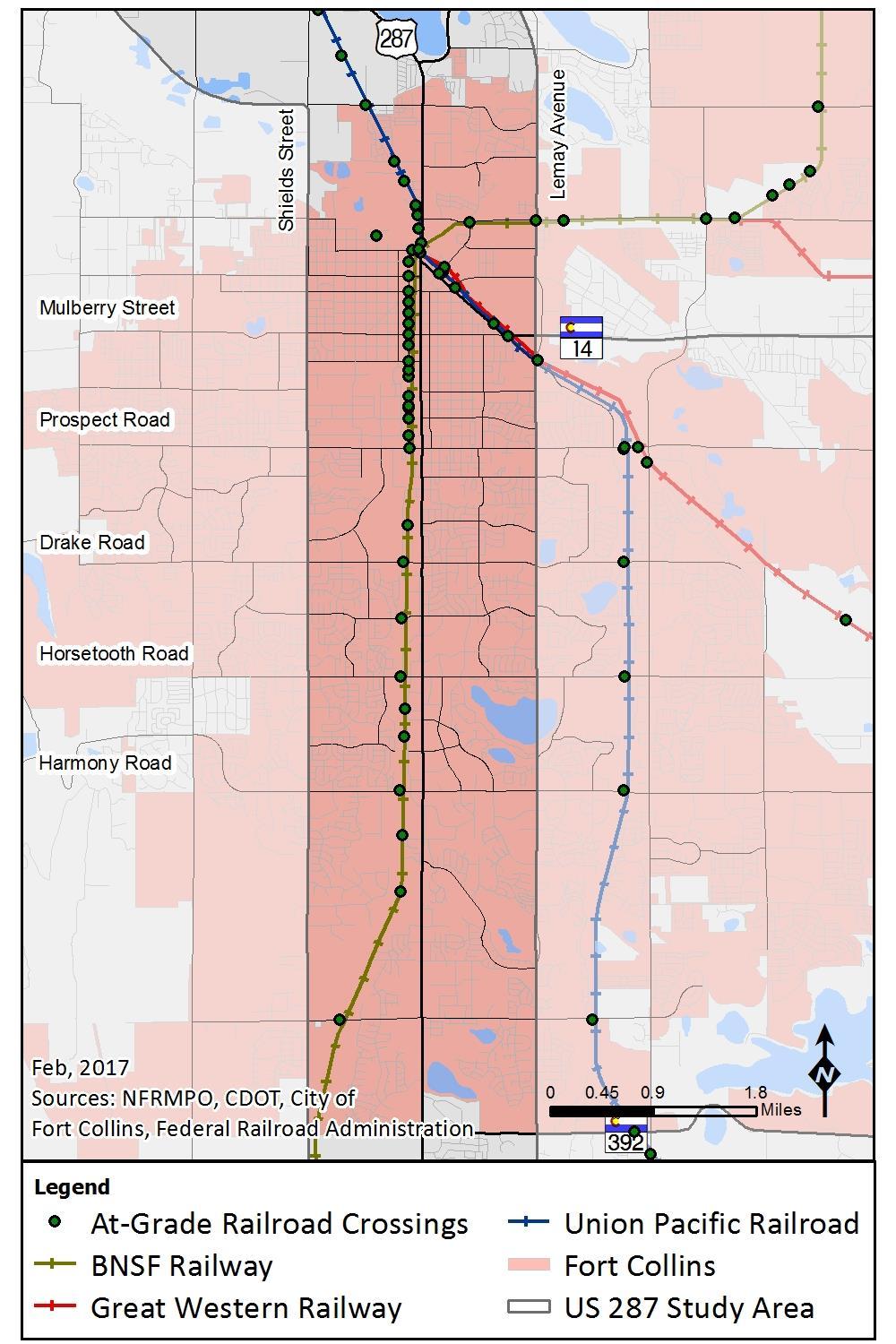 Figure 5-2 shows Fort Collins is bisected by two major railroad corridors owned and operated by Union Pacific Railroad (UPRR) and BNSF Railway.