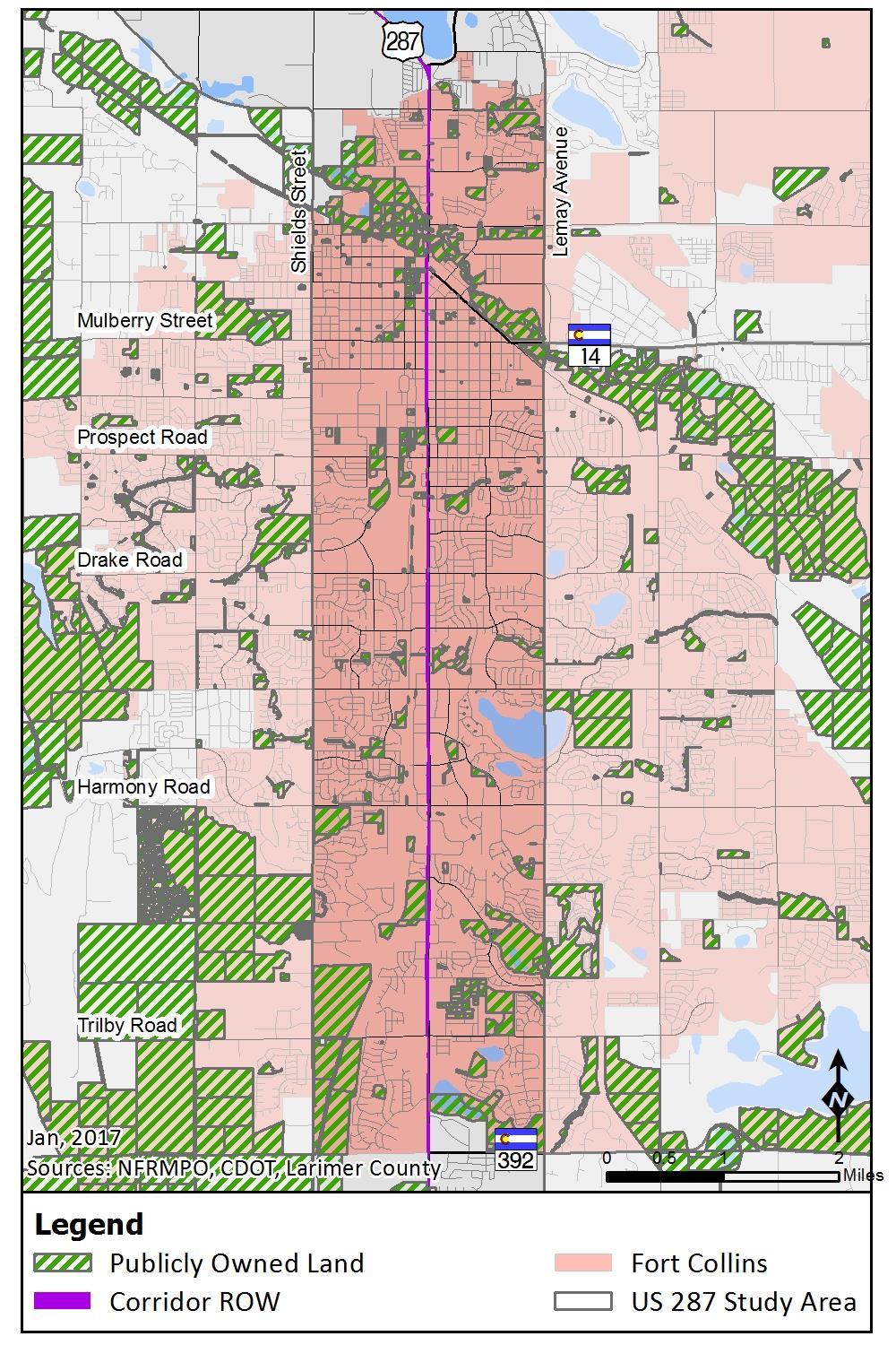Right-of-Way An estimate of US287 right-of-way is shown on Figure 5-9. Based on Larimer County parcel data, the right-of-way is colored where there is no existing property owner.