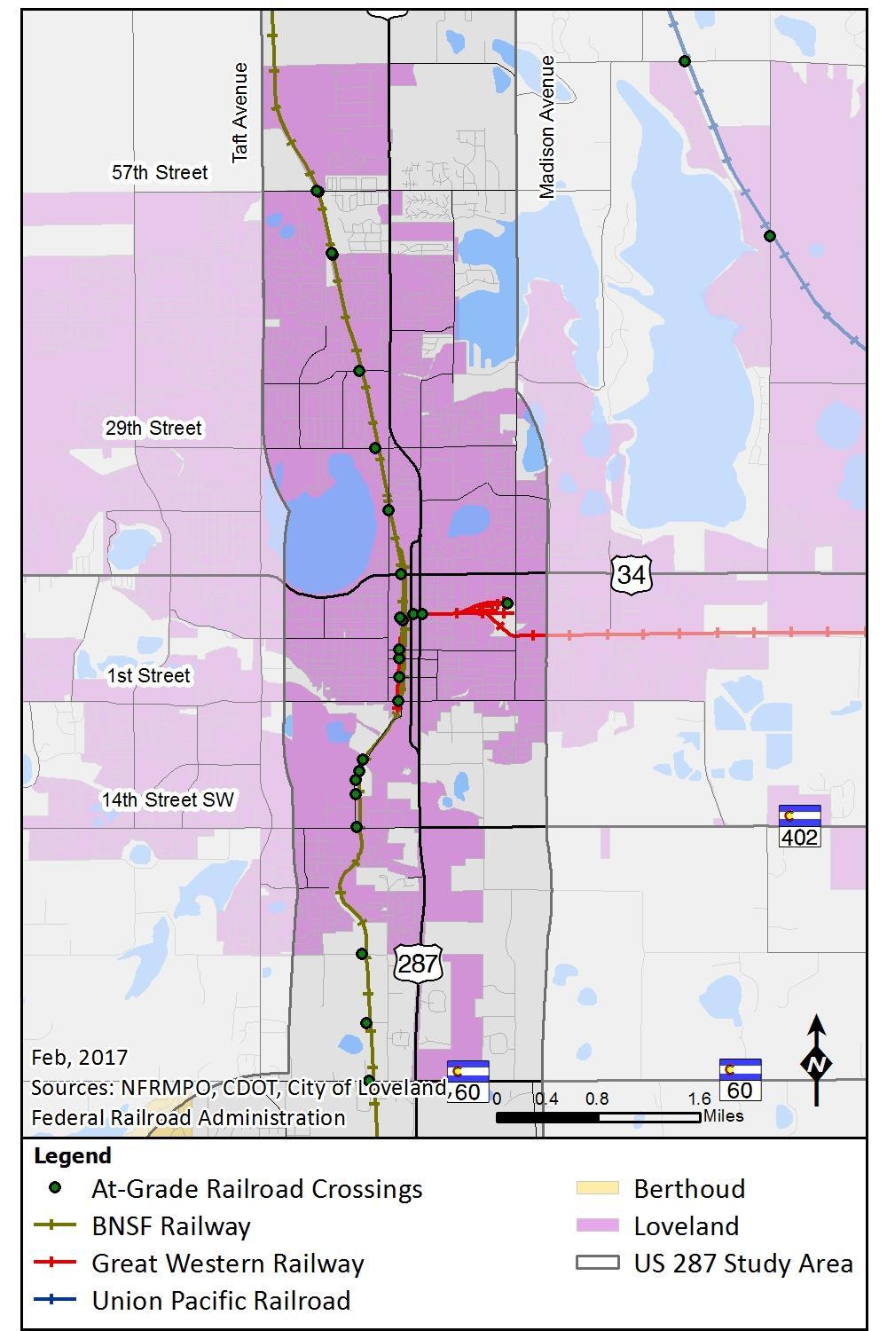 Figure 6-2 shows the three railroads operate within Loveland. Loveland actively works with the railroad companies operating within its boundaries, including the development of quiet zones.
