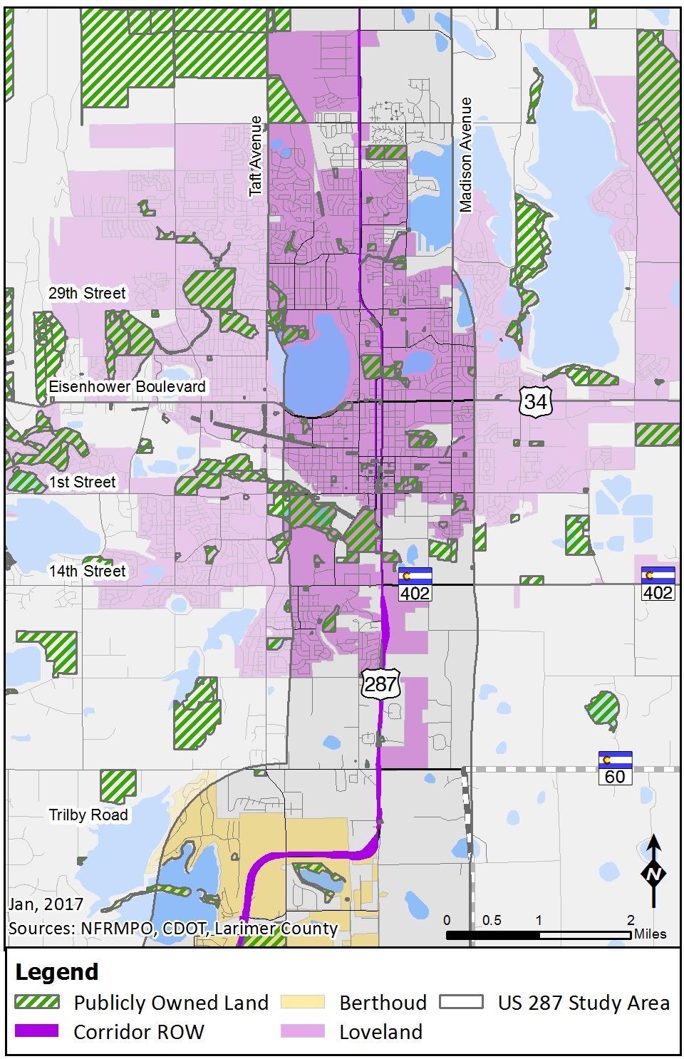 Right-of-Way An estimate of US287 right-of-way is shown on Figure 6-9. Based on Larimer County parcel data, the right-of-way is colored in between the parceled land.