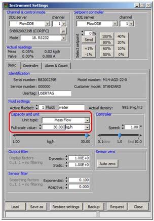5 Adjust instrument capacity (FS range) In the Tab Basic it is possible to (re)range the full scale value of the instrument. A value between the shown minimum and maximum can be selected.