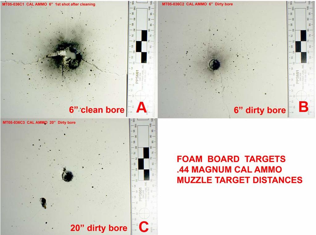 Comparison of foam board targets shot with CAL ammunition at 6 and 20 inches. This was very unusual ammunition that appeared to have had quality control problems.
