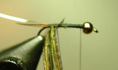 4. Attach 3 or 4 peacock herls by their tips at the tail tie-in position.