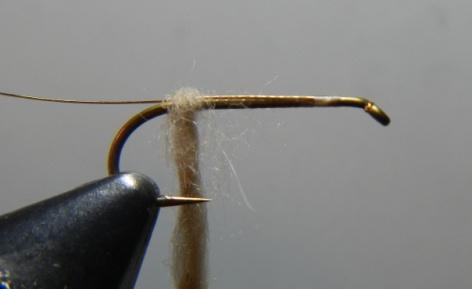You want to dub a body that mimics the caddis body which is larger at the rear and tapers slightly smaller as you wrap forward. Distribute your dubbing on the thread accordingly (Fig. #3.