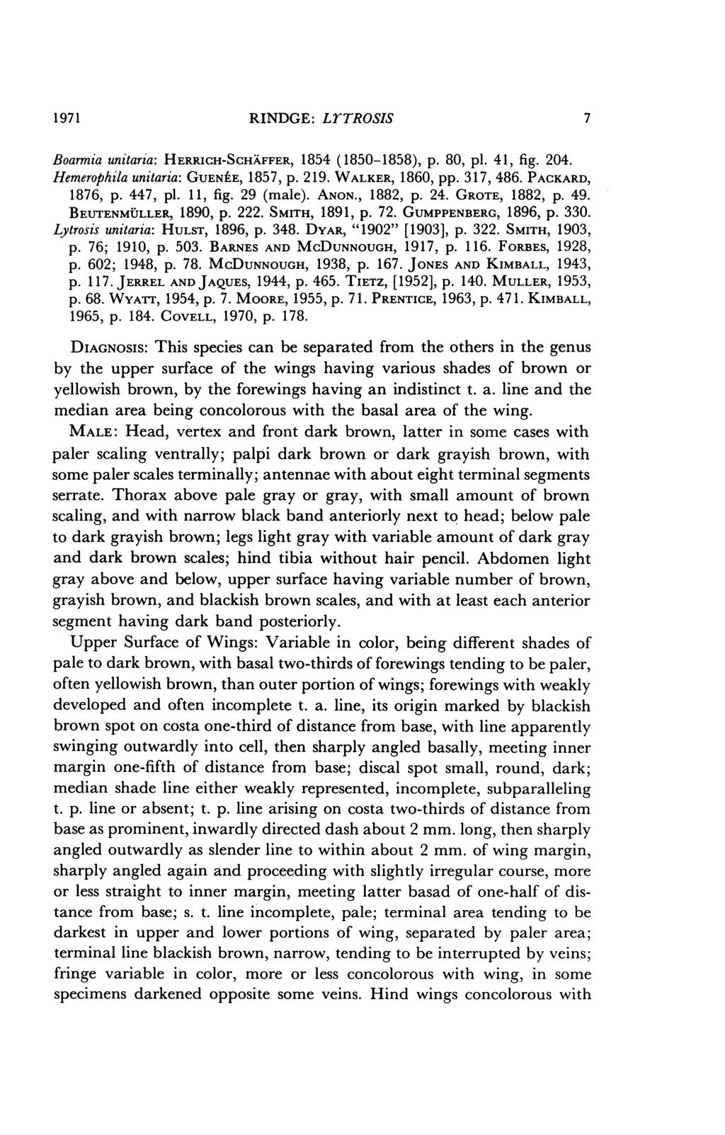 1971 RINDGE: LYTROSIS 7 Boarmia unitaria: HERRICH-SCHAFFER, 1854 (1850-1858), p. 80, pl. 41, fig. 204. Hemerophila unitaria: GUENAE, 1857, p. 219. WALKER, 1860, pp. 317, 486. PACKARD, 1876, p.