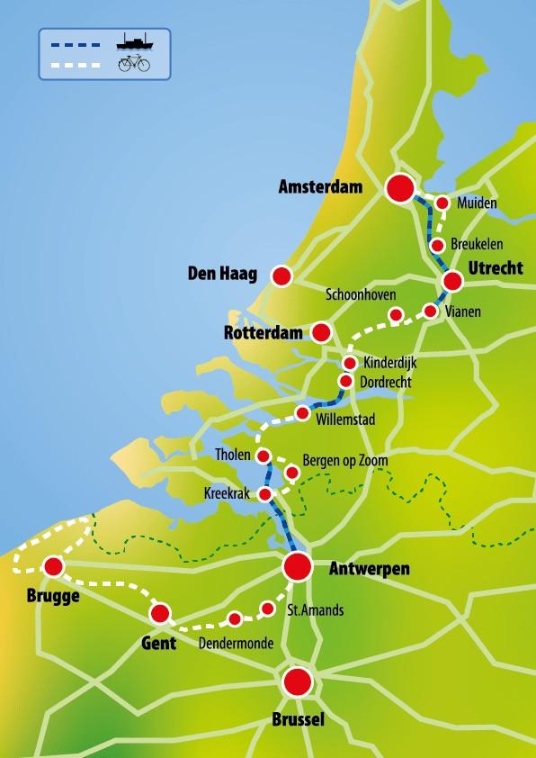 category, 8 days/7 nights (Saturday-Saturday) from/to Amsterdam or Bruges Full board (7x breakfast, 6x picnic lunch during bike tours, 7x three course dinner) Use of bed linen and towels (change of