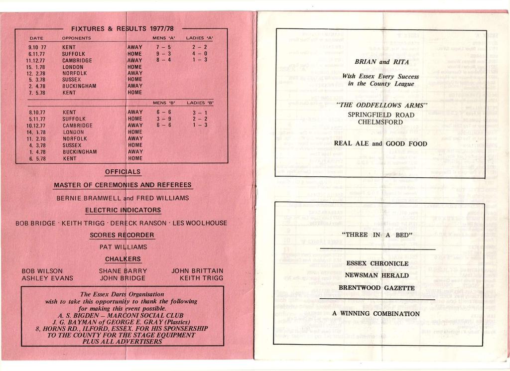 FIXTURES & 1977/78 DATE OPPONENTS MENS 'A' LADIES 'A' 9.10 77 KENT [AWAY 7-5 2-2 6.11.77 SUFFOLK HOME 9-3 4-0 11.12.77 CAMBRIDGE AWAY 8-4 1-3 15. 1.78 LON HOME 12. 2.78 NORFOLK AWAY 5. 3.