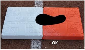 The batter-runner may over-run the safety base at 1 st. After over-running the base, they must return to the fair (white) portion.