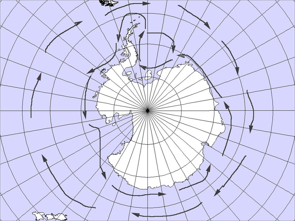 The major surface currents around Antarctica are the west wind drift (WWD - flowing to the east) and the Antarctic coastal current (ACC - also called the east wind drift). (10 points) a.