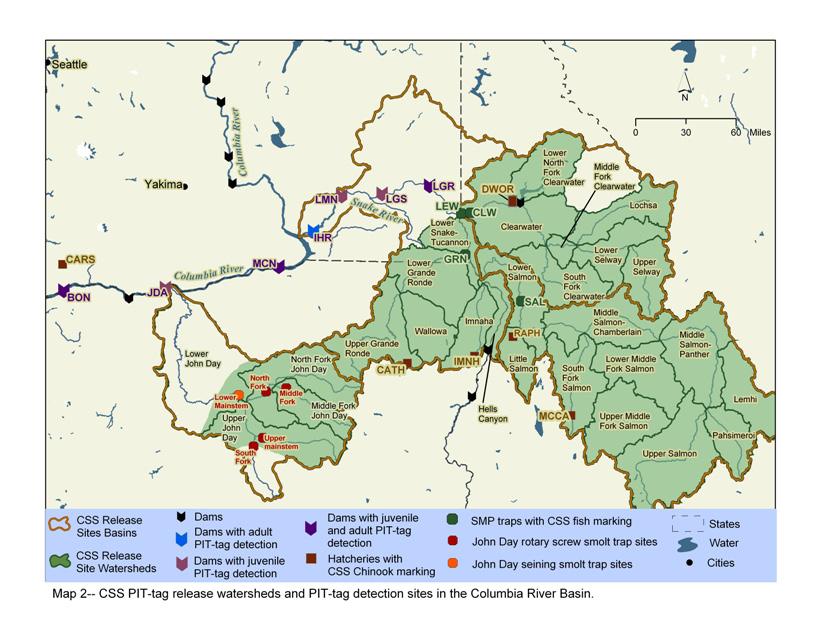 Figure 1.3. CSS PIT-tag release watersheds and PIT-tag detection sites in the Columbia River Basin.