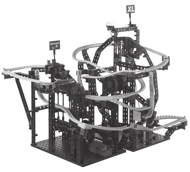 This model is the largest of the PROFI Dynamic XL construction set. All flex-rails are installed in the wheel and stage conveyor and the balls run though the most obstacles.