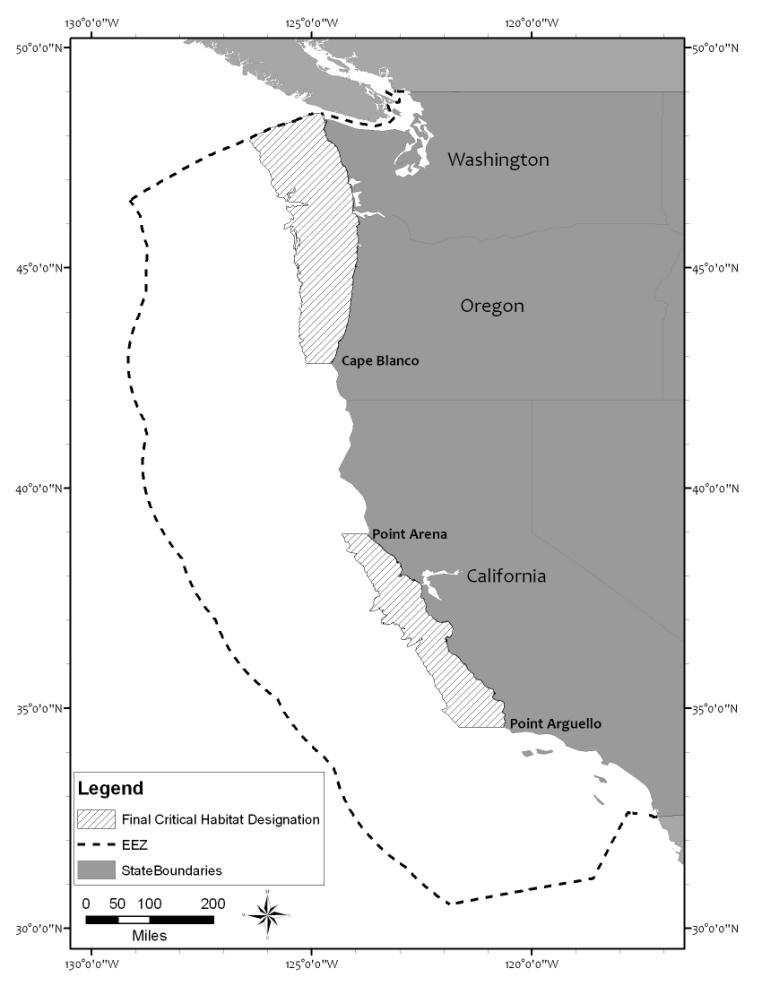 Figure 11. Final critical habitat designation for leatherback sea turtles on west coast. Listing of Loggerhead Se