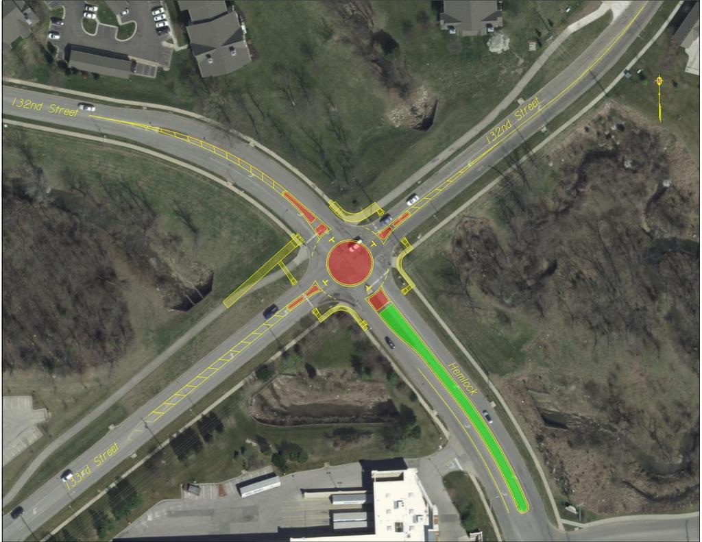 Figure 1: 133 rd Street and 132 nd Street/Hemlock Mini Roundabout Concept The mini roundabout concept at 132 nd Street/133 rd Street/Hemlock utilizes a 100 inscribed diameter, which is larger than