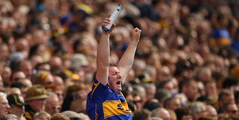 4 September 2016; A Tipperary supporter, in the Cusack Stand, celebrates the first score during the GAA Hurling All-Ireland Senior Championship Final match between Kilkenny and Tipperary at Croke