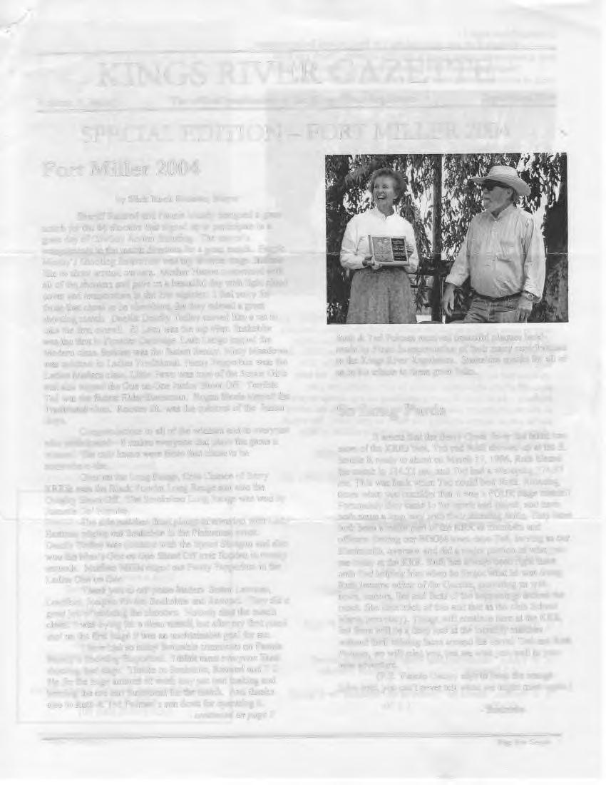 I<INGS RIVER GAZETTE V olwne 9, Issue 9 The official publication of the Kings River Regulators September 2004 SPECIAL EDITION - FORT MILLER 2004 Fort Miller 2004 by Slick Rock Rooster, Mayor Sheriff