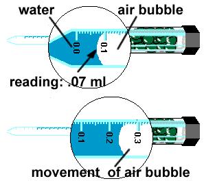 The air bubble should extend from the main chamber up the tube of the pipet. The pipet may need to be rotated so that you can see the numbers. If your respirometers float, you may need to weight them.