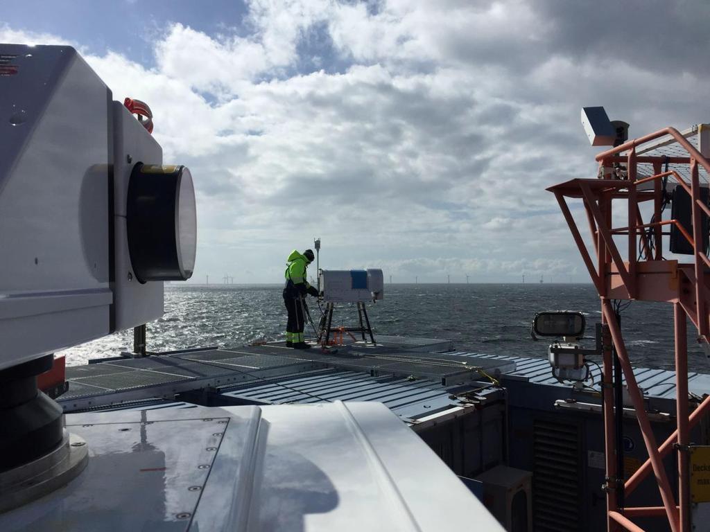 The equipment is being rigged to the measurement platform FINO1 near the Alpha Ventus wind farm, part of the presently largest measurement campaign using lidars.