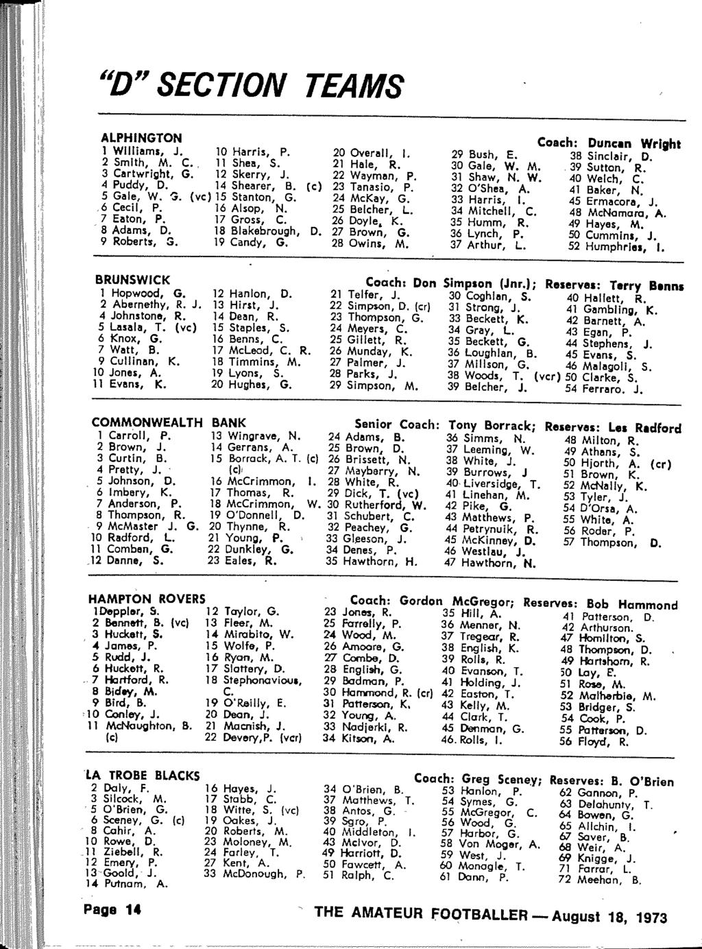 "D" SECTION TEAMS ALPHINGTON 1 Williams, J. 10 Harris, P. 20 Overall, I. 2 Smith, M. C., 11 Shea, S. 21 Hale, R. 3 Cartwright, G. 12 Skerry, J. 22 Wayman, P. 4 Puddy, D. 14 Shearer, B.
