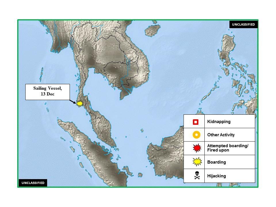 (U) Vessels Boarded: 1. (U) THAILAND: On 13 December, robbers boarded a sailing yacht anchored in Ko Panyi, Phang Nga Province, near position 08:21N 098:29E.