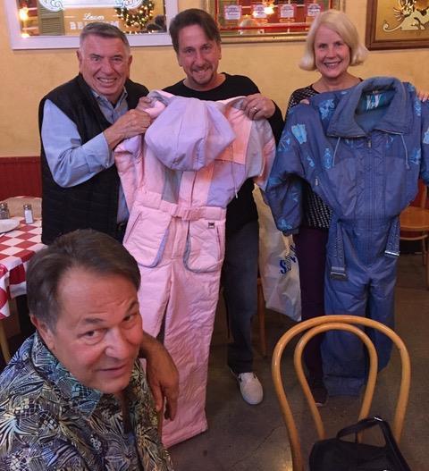 Barbara Nelson is hoping to sell these like-new ski suits, which are now back in style, for a song (i.e., for very little), just to get rid of them.