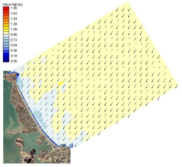 Figure A-3. Spectral wave modeling results for a north-northeast approach direction (14-36.5 degree bin) in the Nantasket Beach region. Figure A-4.