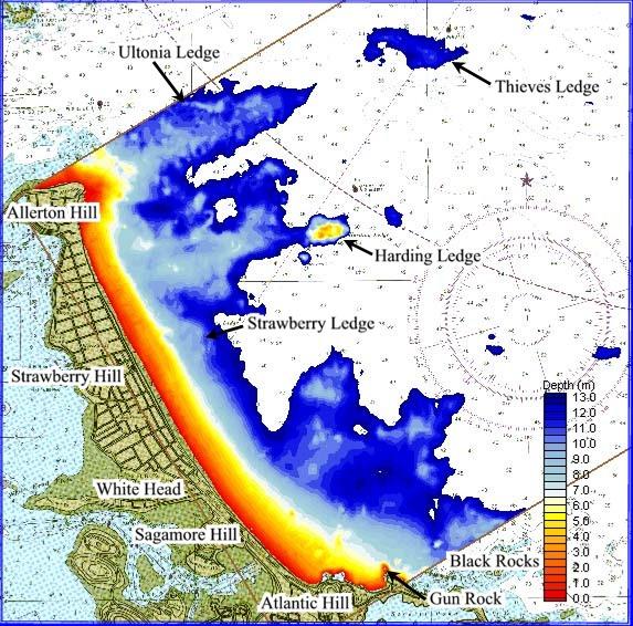 Figure 4-8. Bathymetric features offshore Nantasket Beach. Depths are in meters relative to MTL. Not for navigational purposes. cell size of 10 meters (33 feet).