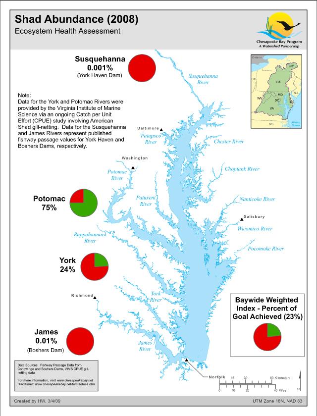 American Shad In the effort to restore fish populations, abundance goals were set. The figure shows what percentage of this goal was met in 2008.