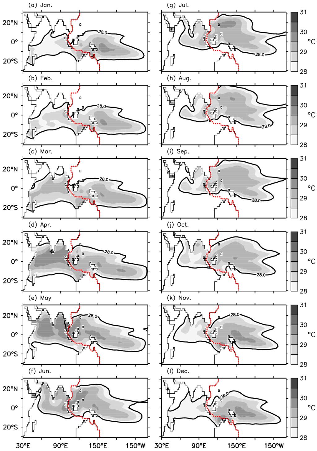 Figure 2. The monthly climatology of the Indo-Pacific warm pool SSTs. Values shown are the monthly mean SSTs greater than 28 C; the threshold used to define the Indo-Pacific warm pool.