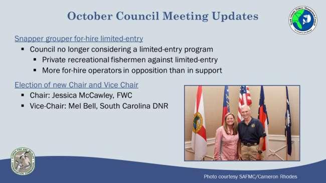 The Council had been considering a limited-entry program for federal snapper grouper for-hire permits. However, after reviewing public comment at their October meeting, they ended work on the program.