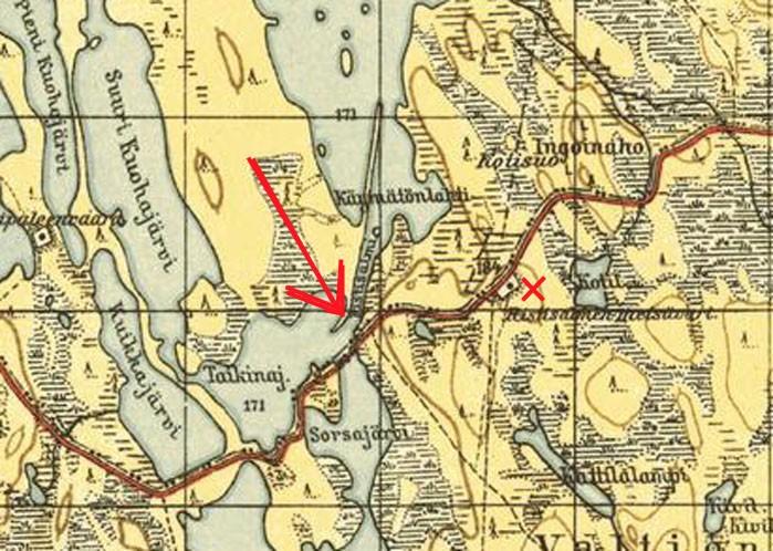 On the survey map at bottom, the narrow Ristisalmi passage is indicated by the red arrow. The Ristisalmi settlement, from which it takes its name, is indicated by the red 'X'. additional +1).