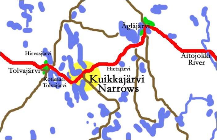 Pajari's force attempts to hold the Kuikkajärvi narrows just east of Tolvajärvi.