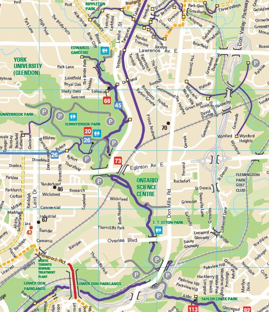 Map of Cycling Infrastructure near Eglinton and Leslie, showing Don Valley Trail [45] and Leaside Railtrail 3, which will soon be connected at its south end to Leslie St.