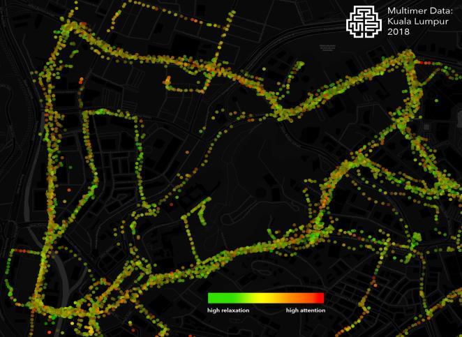 Measurements recorded on new cycling lane The color code is a gradient in which green indicates areas of high relaxation and low attention yellow indicates areas of medium-high attention and