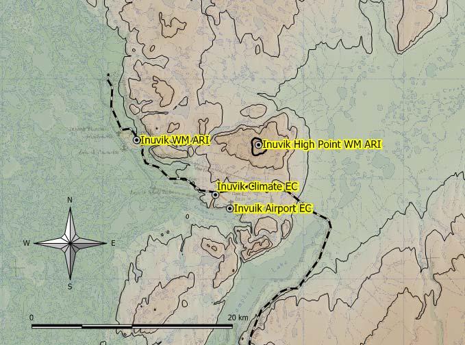 Storm Hills EC is 60 km north of Inuvik Town of Inuvik Figure 2: A map of the Inuvik area showing the weather stations (WM: ARI wind monitoring station, EC: Environment Canada weather station) and