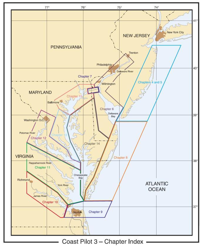 Chapters in Chesapeake Bay Entrance and Approaches 1. General Information 2. Navigation Regulations 3. General Overview 8. Delaware-Maryland and Virginia Coast 9.