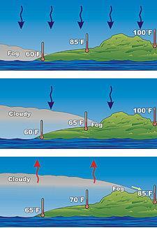 When the air well above the water is warmer than the water, as it is normally for all seasons except winter but most common in late spring/early summer, a temperature inversion develops, where