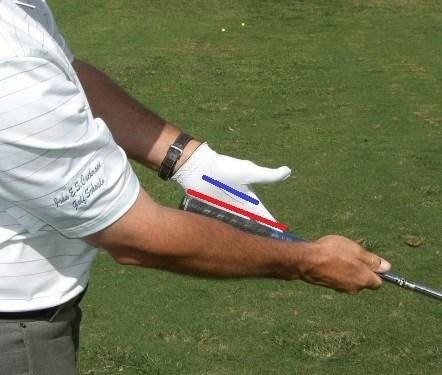 The placement of the left hand grip is diagonally across the fingers (red line) and underneath the heel.