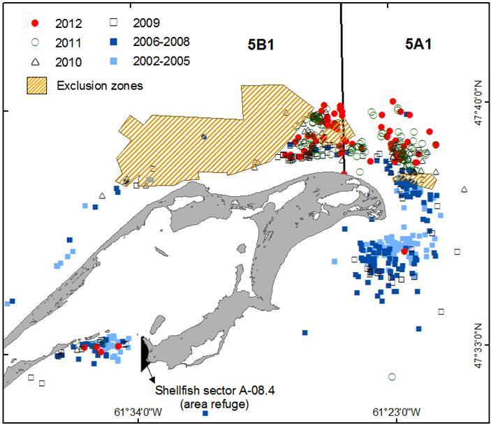 Figure 2. Localized fishing effort of Atlantic surfclam for commercial dredge harvesting from 2002 to 2012 for sub-areas 5A1 and 5B2 in the Îles-de-la-Madeleine, exclusion zones and refuge areas.