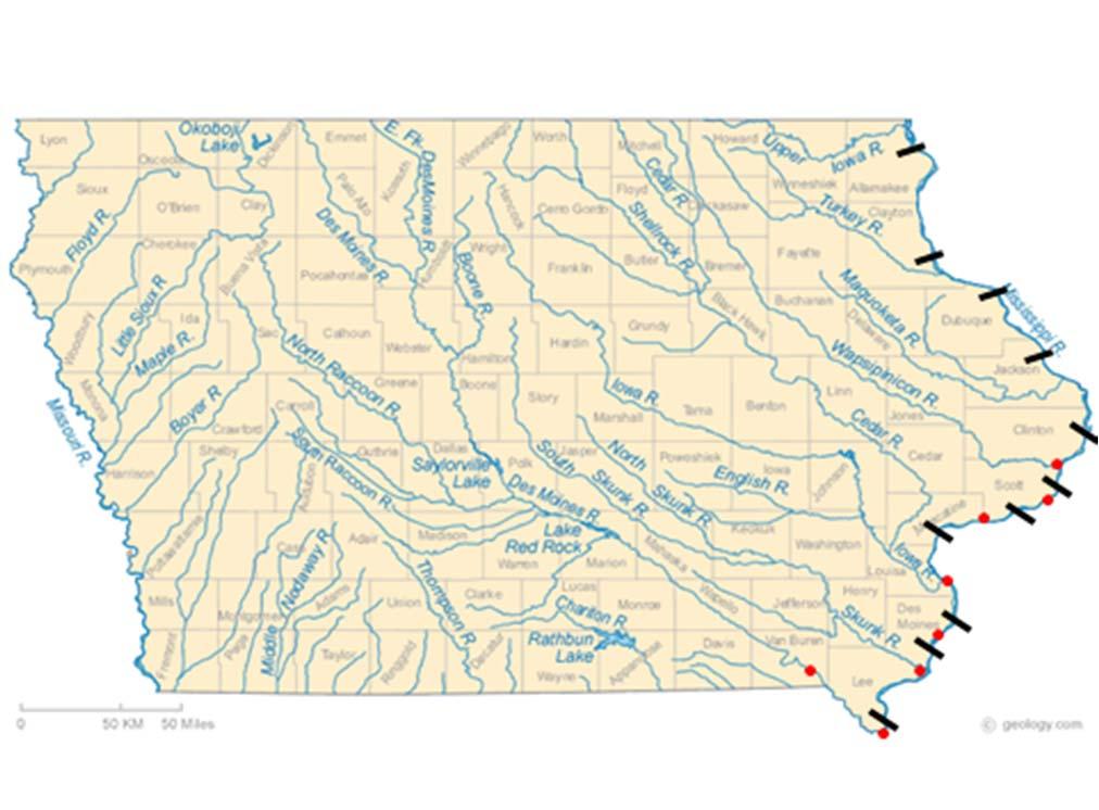 established above the Upper Iowa River and Wisconsin River confluences because of their relative distance from mainstem sampling locations.